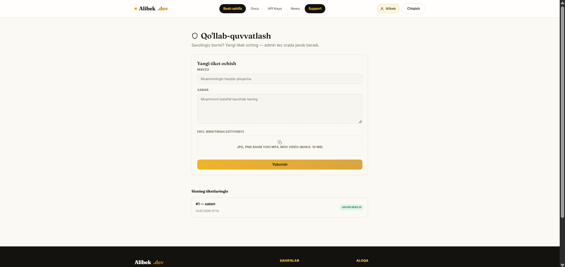 Alibek.dev - Yangi Tiketlar bo'limi